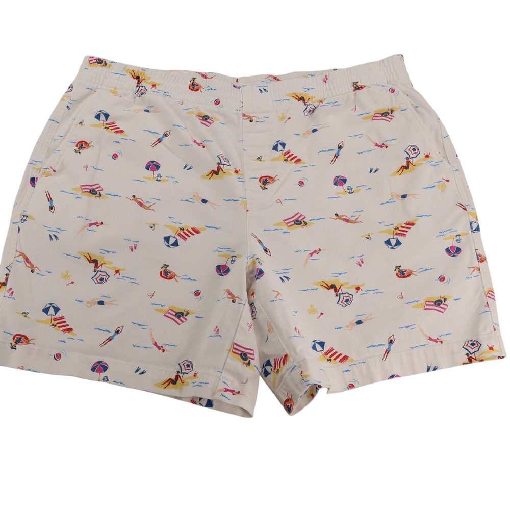 Lands End Womens 18W Mid Rise Beach Print Shorts White Cotton Stretch Novelty